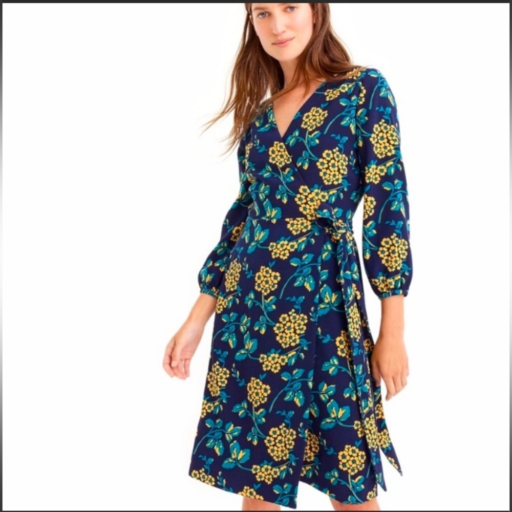J. Crew Teal Blue Marigold Floral Wrap Dress